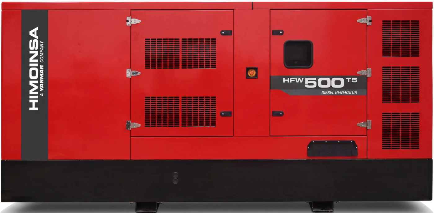Agregat Himoinsa HFW-500 T5 w wyciszonej czerwonej obudowie, widok boczny